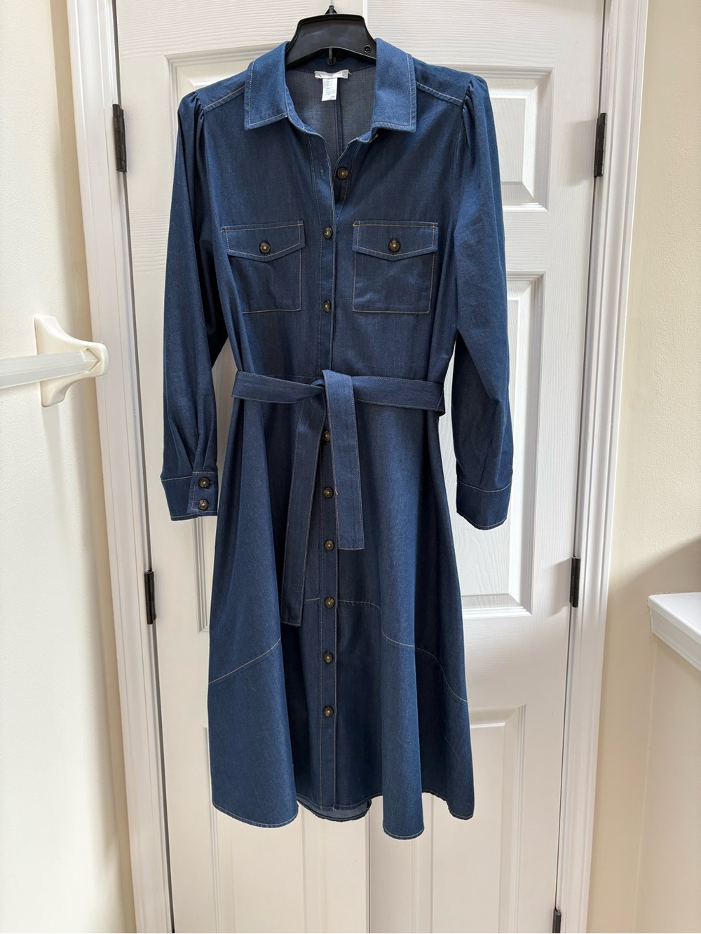 London Times Blue Denim Midi Shirt Dress with Waist Tie - Picture 3 of 9